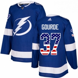 Mens Adidas Tampa Bay Lightning 37 Yanni Gourde Authentic Blue USA Flag Fashion NHL Jersey 