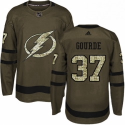 Mens Adidas Tampa Bay Lightning 37 Yanni Gourde Authentic Green Salute to Service NHL Jersey 