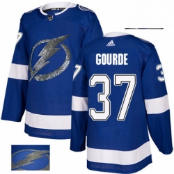Mens Adidas Tampa Bay Lightning 37 Yanni Gourde Authentic Royal Blue Fashion Gold NHL Jersey 