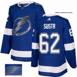 Mens Adidas Tampa Bay Lightning 62 Andrej Sustr Authentic Royal Blue Fashion Gold NHL Jersey 