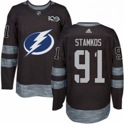 Mens Adidas Tampa Bay Lightning 91 Steven Stamkos Authentic Black 1917 2017 100th Anniversary NHL Jersey 