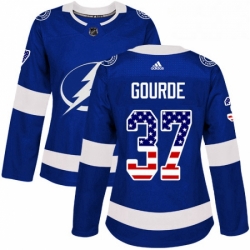 Womens Adidas Tampa Bay Lightning 37 Yanni Gourde Authentic Blue USA Flag Fashion NHL Jersey 