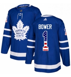 Mens Adidas Toronto Maple Leafs 1 Johnny Bower Authentic Royal Blue USA Flag Fashion NHL Jersey 