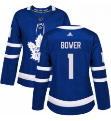 Womens Adidas Toronto Maple Leafs 1 Johnny Bower Authentic Royal Blue Home NHL Jersey 