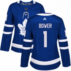 Womens Adidas Toronto Maple Leafs 1 Johnny Bower Authentic Royal Blue Home NHL Jersey 