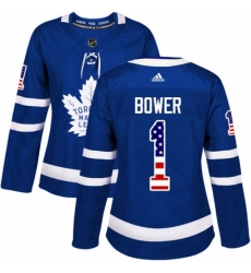 Womens Adidas Toronto Maple Leafs 1 Johnny Bower Authentic Royal Blue USA Flag Fashion NHL Jersey 