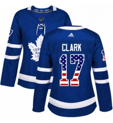Womens Adidas Toronto Maple Leafs 17 Wendel Clark Authentic Royal Blue USA Flag Fashion NHL Jersey 