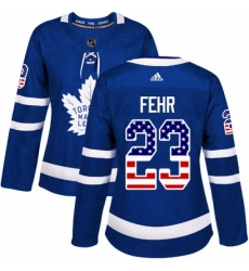 Womens Adidas Toronto Maple Leafs 23 Eric Fehr Authentic Royal Blue USA Flag Fashion NHL Jersey 