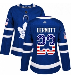 Womens Adidas Toronto Maple Leafs 23 Travis Dermott Authentic Royal Blue USA Flag Fashion NHL Jersey 