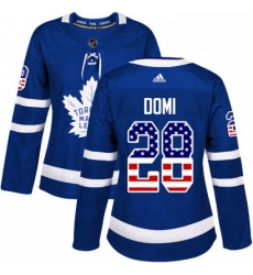 Womens Adidas Toronto Maple Leafs 28 Tie Domi Authentic Royal Blue USA Flag Fashion NHL Jersey 