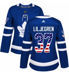 Womens Adidas Toronto Maple Leafs 37 Timothy Liljegren Authentic Royal Blue USA Flag Fashion NHL Jersey 