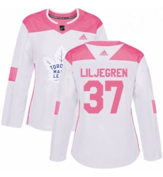 Womens Adidas Toronto Maple Leafs 37 Timothy Liljegren Authentic White Pink Fashion NHL Jersey 