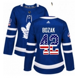 Womens Adidas Toronto Maple Leafs 42 Tyler Bozak Authentic Royal Blue USA Flag Fashion NHL Jersey 