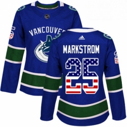Womens Adidas Vancouver Canucks 25 Jacob Markstrom Authentic Blue USA Flag Fashion NHL Jersey 