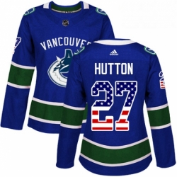 Womens Adidas Vancouver Canucks 27 Ben Hutton Authentic Blue USA Flag Fashion NHL Jersey 