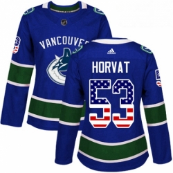 Womens Adidas Vancouver Canucks 53 Bo Horvat Authentic Blue USA Flag Fashion NHL Jersey 