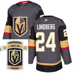 Adidas Golden Knights #24 Oscar Lindberg Grey Home Authentic Stitched NHL Inaugural Season Patch Jersey