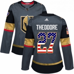 Womens Adidas Vegas Golden Knights 27 Shea Theodore Authentic Gray USA Flag Fashion NHL Jersey 