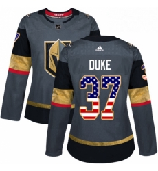 Womens Adidas Vegas Golden Knights 37 Reid Duke Authentic Gray USA Flag Fashion NHL Jersey 