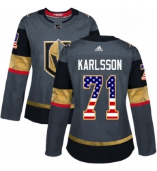 Womens Adidas Vegas Golden Knights 71 William Karlsson Authentic Gray USA Flag Fashion NHL Jersey 