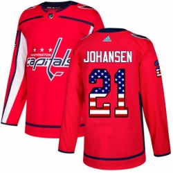 Mens Adidas Washington Capitals 21 Lucas Johansen Authentic Red USA Flag Fashion NHL Jersey 