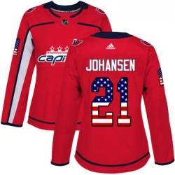Womens Adidas Washington Capitals 21 Lucas Johansen Authentic Red USA Flag Fashion NHL Jersey 