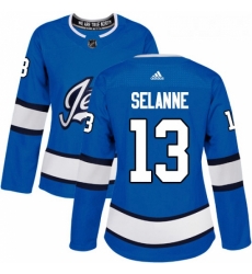 Womens Adidas Winnipeg Jets 13 Teemu Selanne Authentic Blue Alternate NHL Jersey 