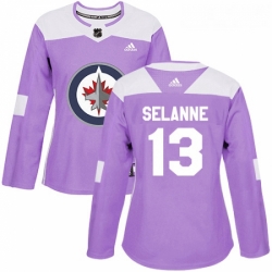 Womens Adidas Winnipeg Jets 13 Teemu Selanne Authentic Purple Fights Cancer Practice NHL Jersey 