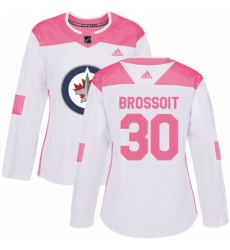 Womens Adidas Winnipeg Jets 30 Laurent Brossoit Authentic White Pink Fashion NHL Jersey 