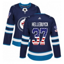 Womens Adidas Winnipeg Jets 37 Connor Hellebuyck Authentic Navy Blue USA Flag Fashion NHL Jersey 