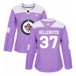 Womens Adidas Winnipeg Jets 37 Connor Hellebuyck Authentic Purple Fights Cancer Practice NHL Jersey 