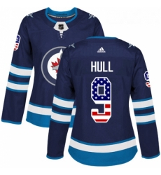 Womens Adidas Winnipeg Jets 9 Bobby Hull Authentic Navy Blue USA Flag Fashion NHL Jersey 