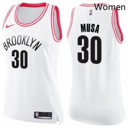 Womens Nike Brooklyn Nets 30 Dzanan Musa Swingman White Pink Fashion NBA Jersey 