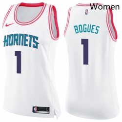 Womens Nike Charlotte Hornets 1 Muggsy Bogues Swingman WhitePink Fashion NBA Jersey 