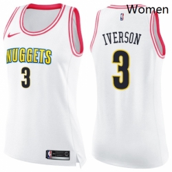 Womens Nike Denver Nuggets 3 Allen Iverson Swingman WhitePink Fashion NBA Jersey