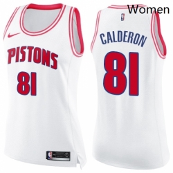 Womens Nike Detroit Pistons 81 Jose Calderon Swingman White Pink Fashion NBA Jersey 