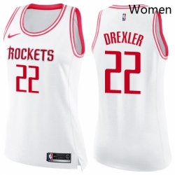 Womens Nike Houston Rockets 22 Clyde Drexler Swingman WhitePink Fashion NBA Jersey