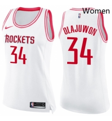 Womens Nike Houston Rockets 34 Hakeem Olajuwon Swingman WhitePink Fashion NBA Jersey