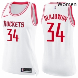 Womens Nike Houston Rockets 34 Hakeem Olajuwon Swingman WhitePink Fashion NBA Jersey