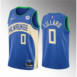 Men Milwaukee Bucks 0 Damian Lillard 2023 24 Blue City Edition Stitched Basketball Jersey