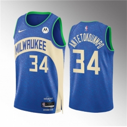 Men Milwaukee Bucks 34 Giannis Antetokounmpo 2023 24 Blue City Edition Stitched Basketball Jersey