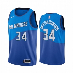 Men Nike Milwaukee Bucks 34 Giannis Antetokounmpo Blue NBA Swingman 2020 21 City Edition Jersey