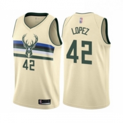 Mens Milwaukee Bucks 42 Robin Lopez Authentic Cream Basketball Jersey City Edition 