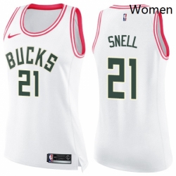 Womens Nike Milwaukee Bucks 21 Tony Snell Swingman WhitePink Fashion NBA Jersey 