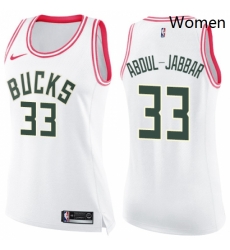 Womens Nike Milwaukee Bucks 33 Kareem Abdul Jabbar Swingman WhitePink Fashion NBA Jersey 