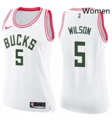 Womens Nike Milwaukee Bucks 5 D J Wilson Swingman WhitePink Fashion NBA Jersey 