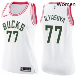 Womens Nike Milwaukee Bucks 77 Ersan Ilyasova Swingman White Pink Fashion NBA Jersey 