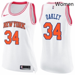 Womens Nike New York Knicks 34 Charles Oakley Swingman WhitePink Fashion NBA Jersey