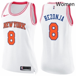 Womens Nike New York Knicks 8 Mario Hezonja Swingman White Pink Fashion NBA Jersey 