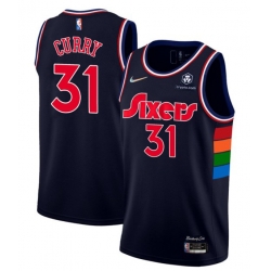Men Philadelphia 76ers 31 Seth Curry 2021 22 City Edition Navy 75th Anniversary Stitched Swingman Jersey